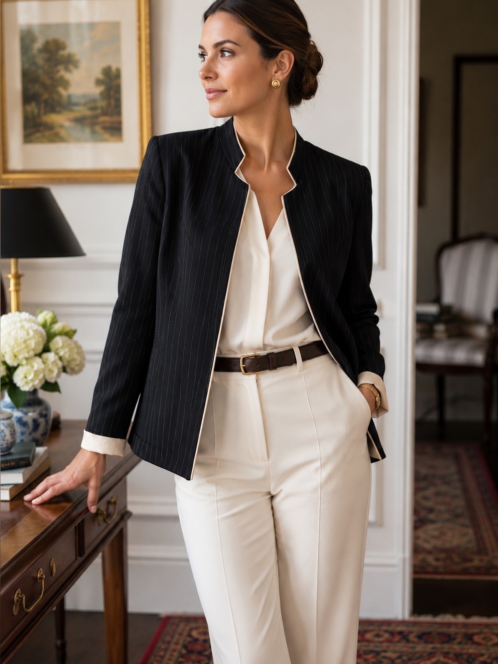 Leslie Belle Black Pinstripe Blazer Jacket Collarless Contrast Trim Career 14